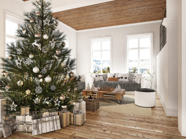 living room with hardwood floor and christmas tree