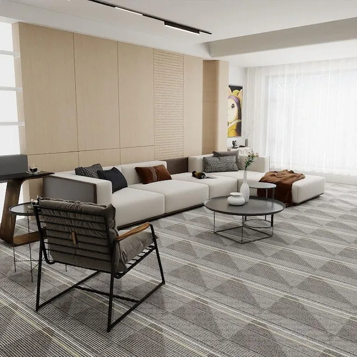Modern living room with carpet tile flooring | DeGraaf Interiors